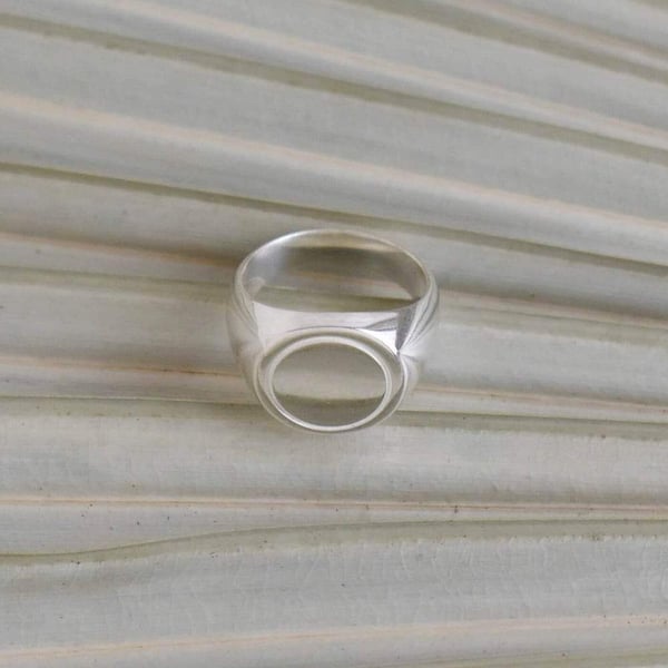 Image of 'White Moon' flat face engraved solid framed silver signet ring