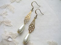 Image 1 of 1930s Art Deco Pearl Teardrop Earrings, Pierced or Clip On