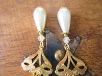 Image 8 of Art Nouveau Glass Pearl Teardrop & Crystal Golden Earrings Pierced or Clip On