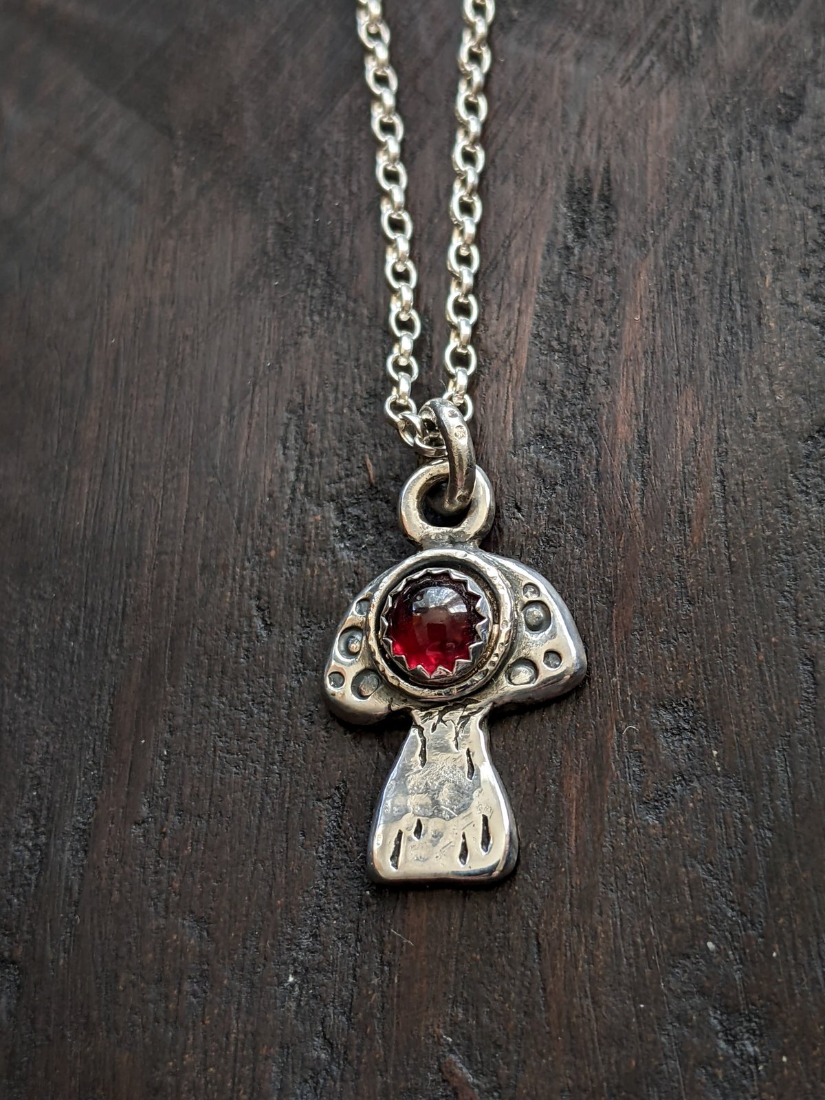 Amanita recycled silver & garnet fairy toadstool pendant
