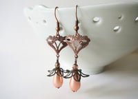 Image 1 of Art Nouveau Peach Pearl Teardrop Earrings, Pierced or Clip On