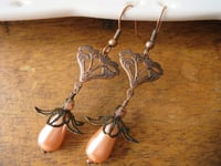 Image 3 of Art Nouveau Peach Pearl Teardrop Earrings, Pierced or Clip On