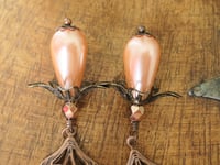 Image 5 of Art Nouveau Peach Pearl Teardrop Earrings, Pierced or Clip On