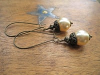 Image 2 of Bohemian Czech Glass Pearl Long Dangle Earrings in Cream & Bronze