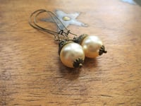 Image 3 of Bohemian Czech Glass Pearl Long Dangle Earrings in Cream & Bronze