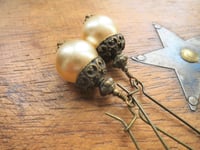 Image 4 of Bohemian Czech Glass Pearl Long Dangle Earrings in Cream & Bronze