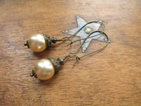 Image 6 of Bohemian Czech Glass Pearl Long Dangle Earrings in Cream & Bronze