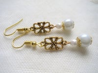 Image 3 of Edwardian Floral Pearl Earrings, White & Antique Gold