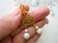 Image 2 of Edwardian Floral Pearl Earrings, White & Antique Gold