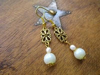 Image 5 of Edwardian Floral Pearl Earrings, White & Antique Gold