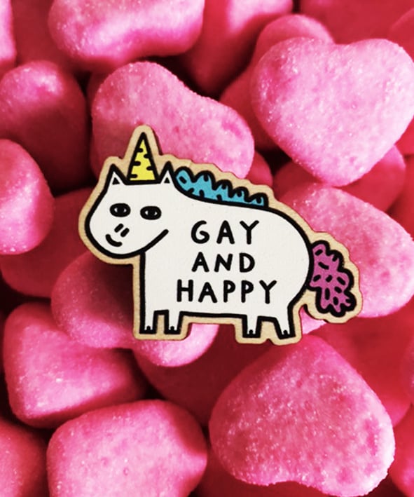 Image of Gay & Happy Eco Wooden Pin 