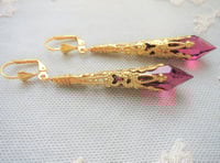 Image 1 of Vamp Ornate Pointed Earrings, Cerise & Antique Gold, Pierced or Clip On