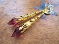 Image 5 of Vamp Ornate Pointed Earrings, Cerise & Antique Gold, Pierced or Clip On