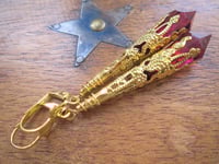 Image 7 of Vamp Ornate Pointed Earrings, Cerise & Antique Gold, Pierced or Clip On