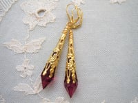 Image 6 of Vamp Ornate Pointed Earrings, Cerise & Antique Gold, Pierced or Clip On