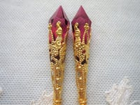 Image 4 of Vamp Ornate Pointed Earrings, Cerise & Antique Gold, Pierced or Clip On