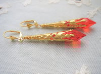 Image 1 of Vamp Ornate Pointed Earrings, Orange-Red & Antique Gold, Pierced or Clip On