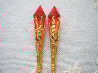 Image 4 of Vamp Ornate Pointed Earrings, Orange-Red & Antique Gold, Pierced or Clip On
