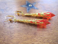 Image 5 of Vamp Ornate Pointed Earrings, Orange-Red & Antique Gold, Pierced or Clip On