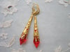 Roaring 20s Flapper Earrings, Orange-Red & Antique Gold, Pierced or Clip On