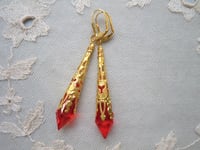 Image 6 of Vamp Ornate Pointed Earrings, Orange-Red & Antique Gold, Pierced or Clip On