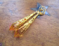 Image 2 of Vamp Ornate Pointed Earrings, Orange & Antique Gold, Pierced or Clip On