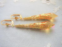 Image 1 of Vamp Ornate Pointed Earrings, Orange & Antique Gold, Pierced or Clip On