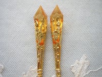 Image 3 of Vamp Ornate Pointed Earrings, Orange & Antique Gold, Pierced or Clip On