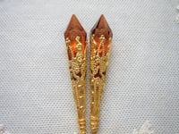 Image 4 of Vamp Ornate Pointed Earrings, Brown & Antique Gold, Pierced or Clip On