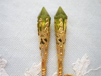 Image 4 of Vamp Ornate Pointed Earrings, Olive & Antique Gold, Pierced or Clip On