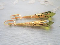 Image 1 of Vamp Ornate Pointed Earrings, Olive & Antique Gold, Pierced or Clip On