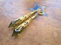 Image 3 of Vamp Ornate Pointed Earrings, Olive & Antique Gold, Pierced or Clip On