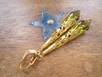 Image 5 of Vamp Ornate Pointed Earrings, Olive & Antique Gold, Pierced or Clip On