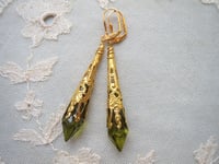 Image 6 of Vamp Ornate Pointed Earrings, Olive & Antique Gold, Pierced or Clip On