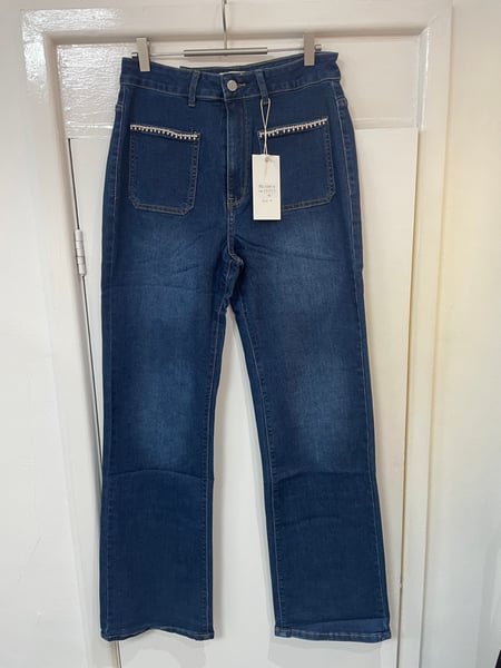 Image of Pearl & Diamonte Trim Pocket Wide Leg Jeans