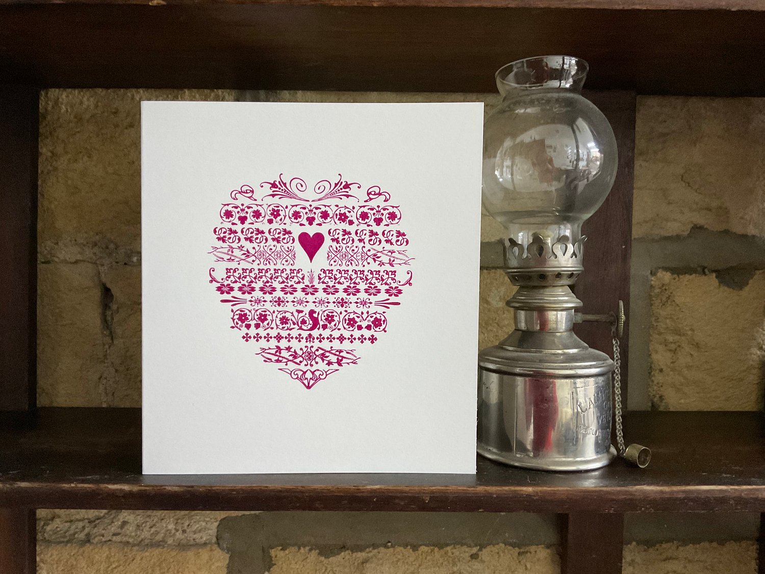 Image of LETTERPRESS ~ TAPESTRY HEART GREETINGS CARD IN DEEP PINK