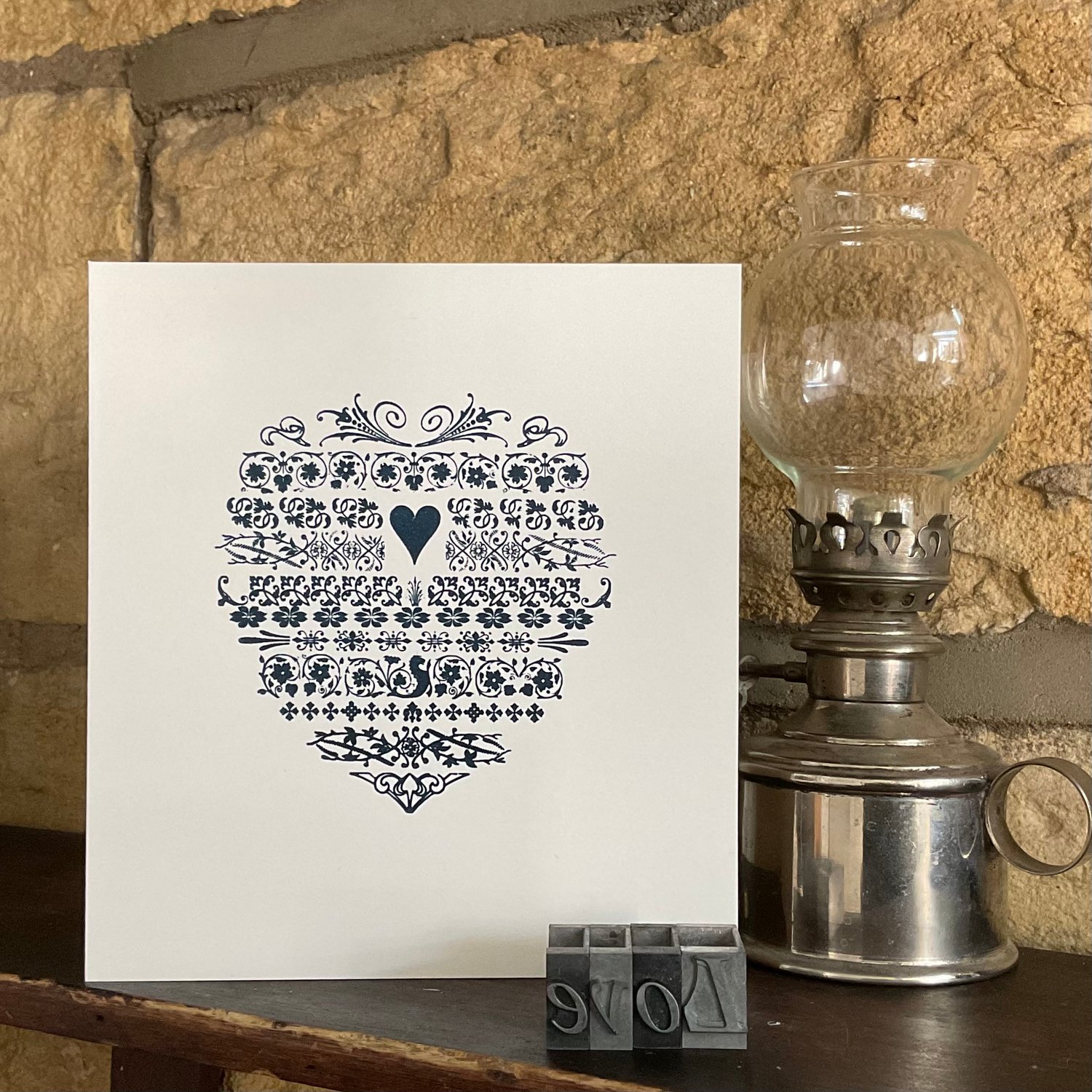 Image of LETTERPRESS ~ TAPESTRY HEART GREETINGS CARD IN TEAL