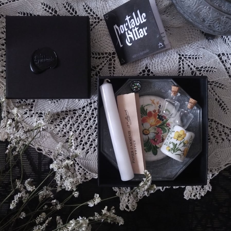 Image of COTTAGE  WITCH. PORTABLE ALTAR KIT ↟ vintage mini tray & candle holder, mini vials, compass ...