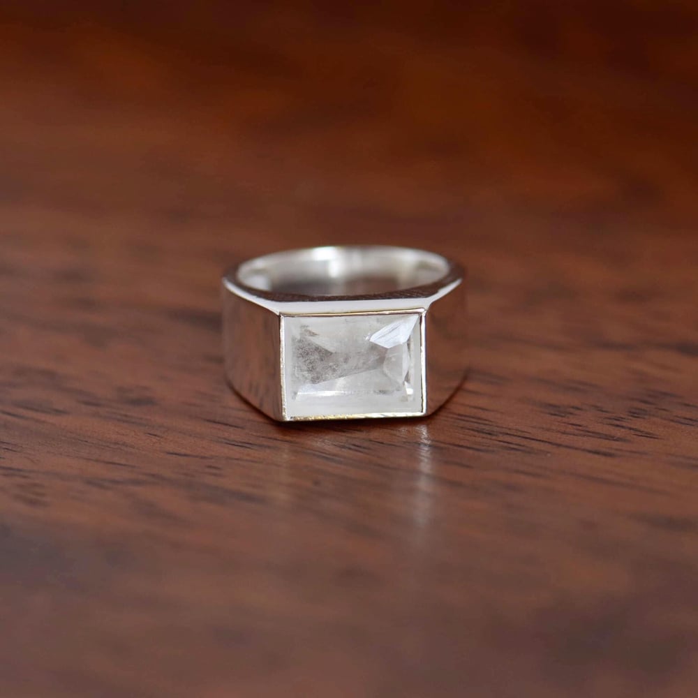Image of Clear Quartz rectangular french cut wide band silver ring