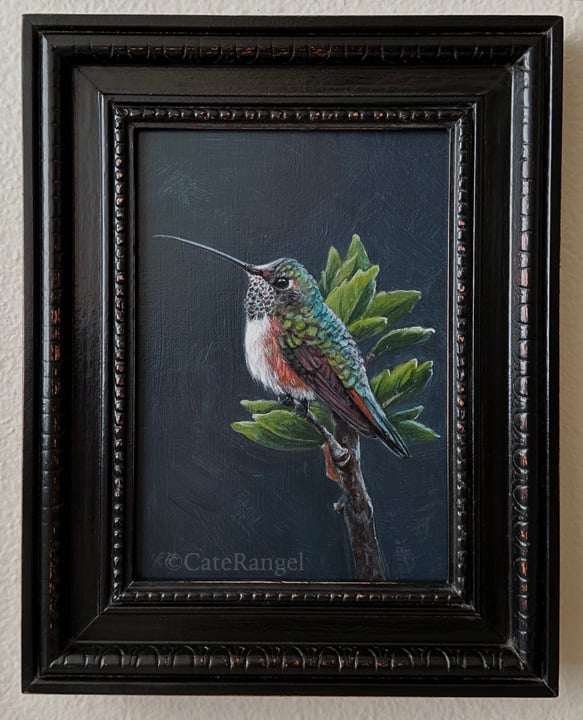Image of Hummingbird on Hibiscus Branch - Framed Original Painting
