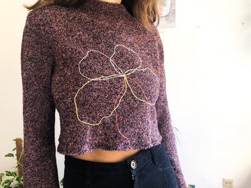 Image of FLower power(?) upcycled COS sweater, hand embroidered, cropped, size Small