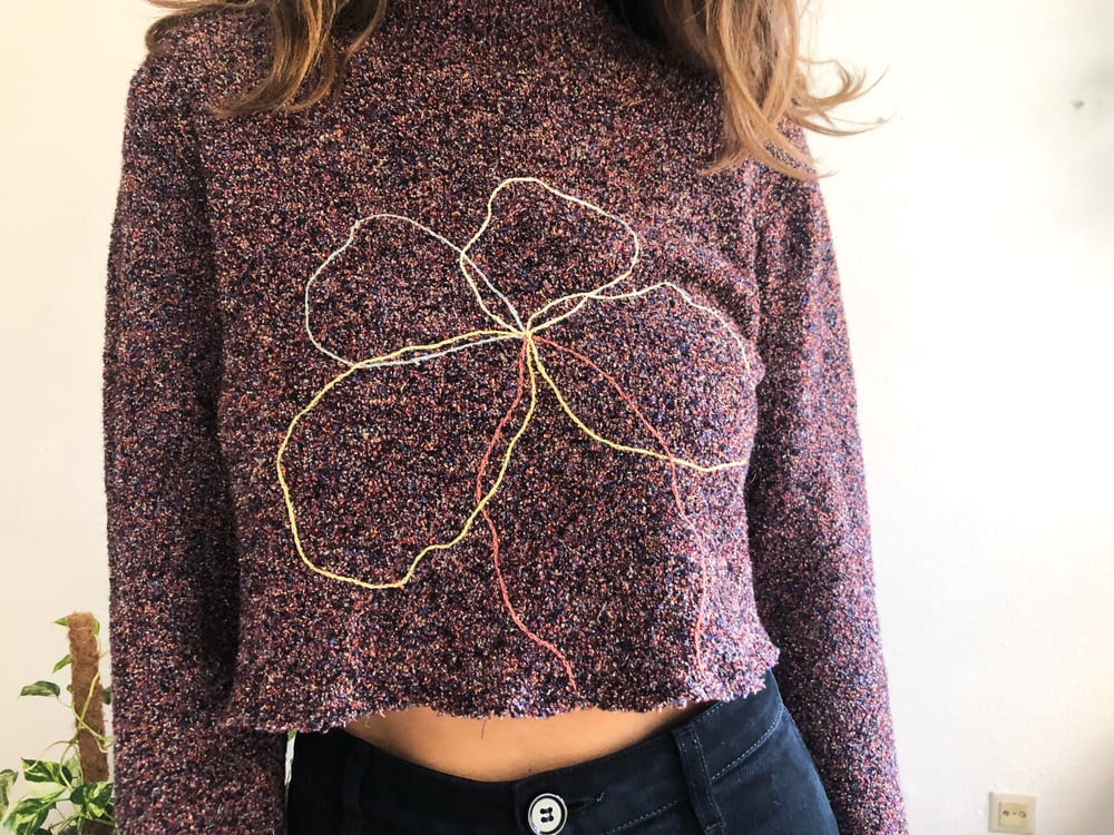 Image of FLower power(?) upcycled COS sweater, hand embroidered, cropped, size Small