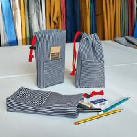 Image 1 of Compact Drawstring Bag for Tools, Phone, Small Storage. Denim Stripe 004