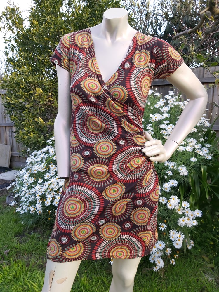 Image of V-neck brown mandala dress with short sleeve
