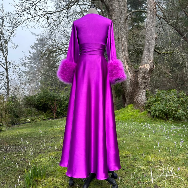 Shocking Violet Marabou-cuffed "Beverly" Dressing Gown Image 3