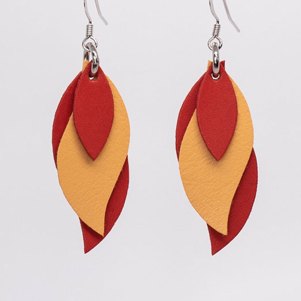 Image of Handmade Australian leather leaf earrings - Red and soft orange