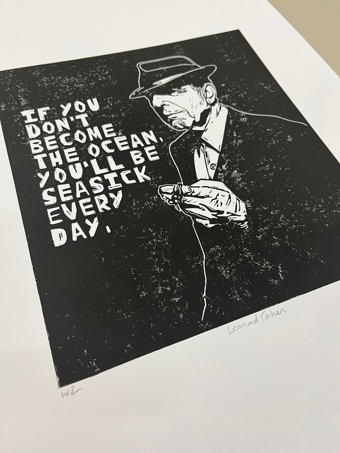 Image of Leonard Cohen. Hand Made. Original A4 linocut print. Limited and Signed. Art.