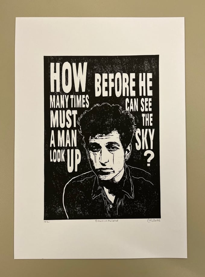 Image of Bob Dylan. Hand Made. Original A3 linocut print. Limited and Signed. Art.