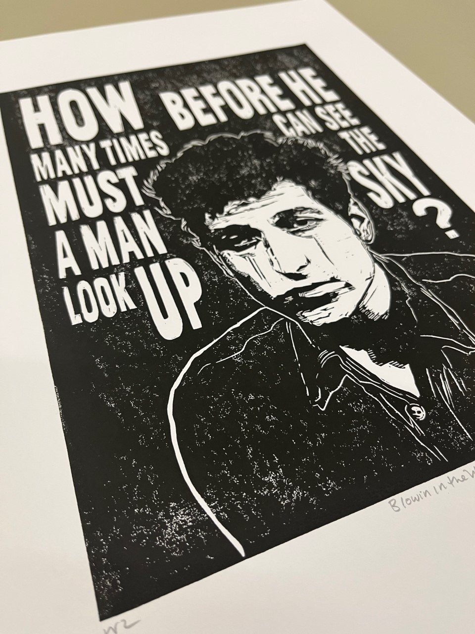 Image of Bob Dylan. Hand Made. Original A3 linocut print. Limited and Signed. Art.