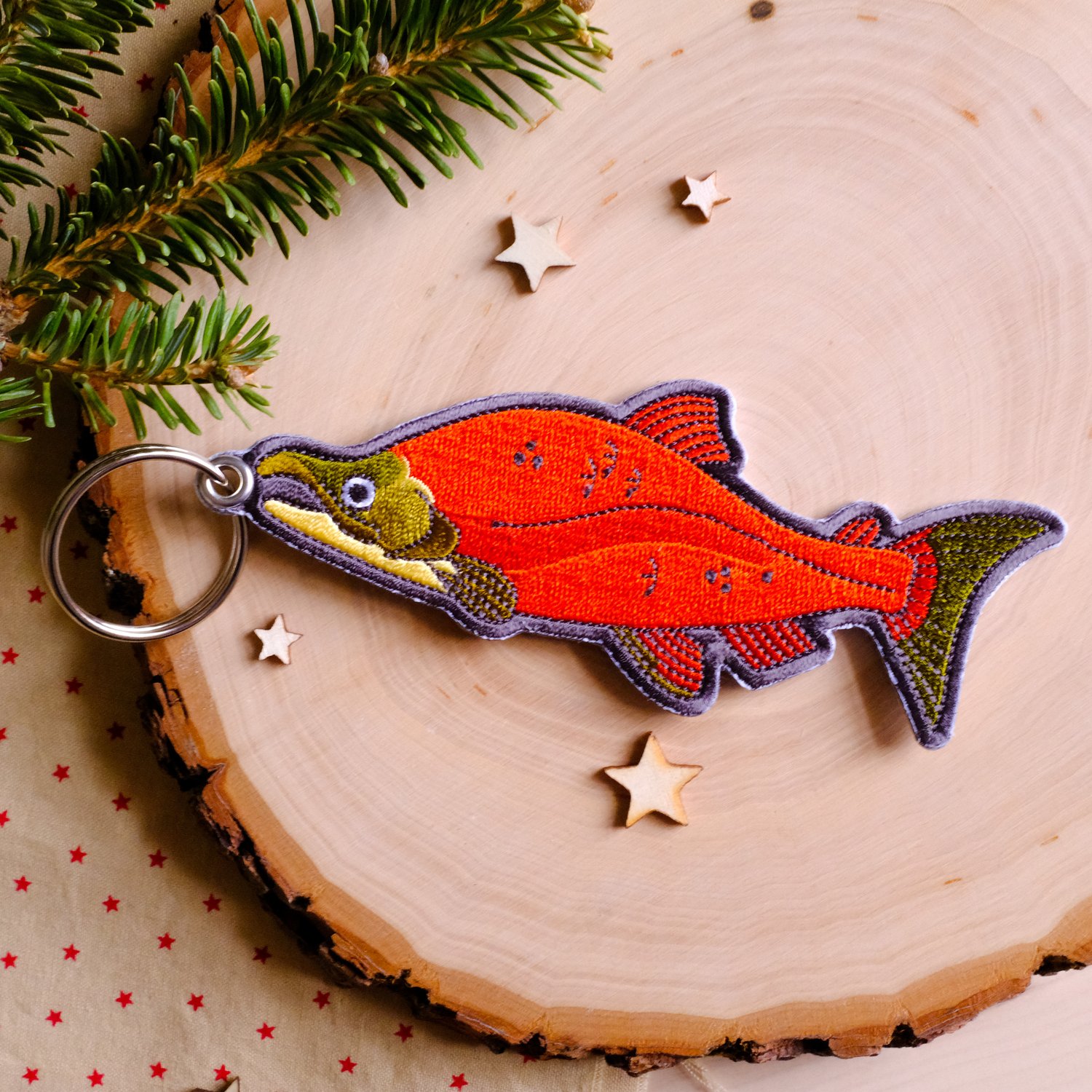Sockeye Salmon Embroidered Keychain